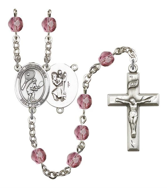 St. Christopher / Tennis Rosary, 6mm Fire Polished Amethyst Beads, Silver Plate, # 15595