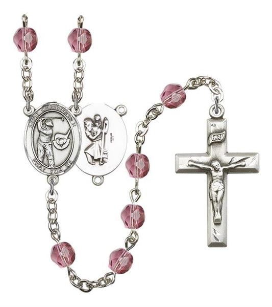 St. Christopher / Golf Rosary, 6mm Fire Polished Amethyst Beads, Silver Plate, # 15596