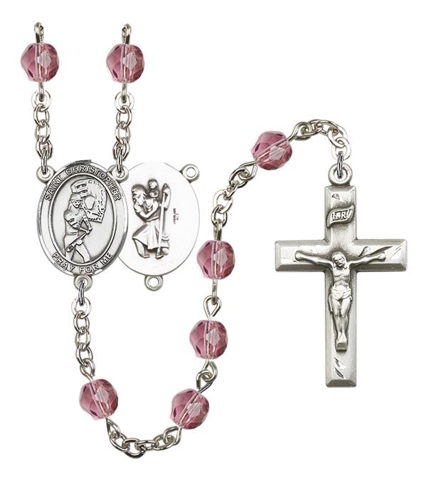 St. Christopher / Softball Rosary, 6mm Fire Polished Amethyst Beads, Silver Plate, # 15597