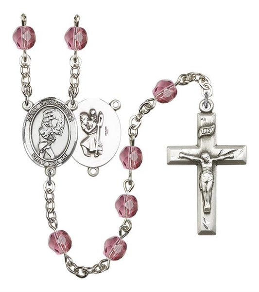 St. Christopher / Softball Rosary, 6mm Fire Polished Amethyst Beads, Silver Plate, # 15597