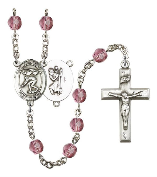 St. Christopher / Swimming Rosary, 6mm Fire Polished Amethyst Beads, Silver Plate, # 15601