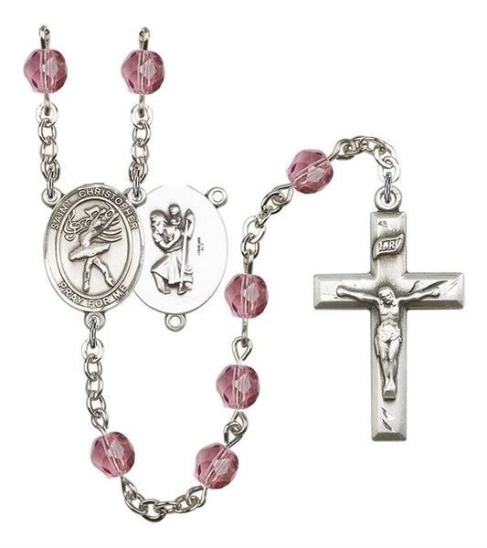 St. Christopher / Dance Rosary, 6mm Fire Polished Amethyst Beads, Silver Plate, # 15602