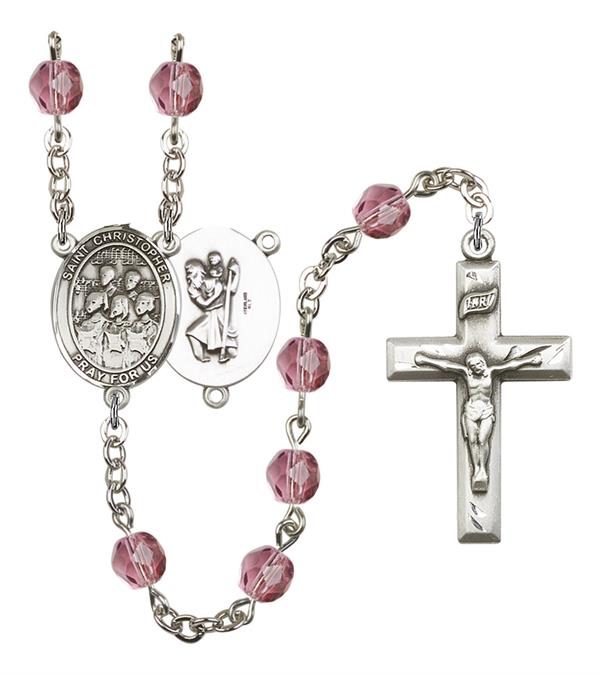 St. Christopher / Choir Rosary, 6mm Fire Polished Amethyst Beads, Silver Plate, # 15604