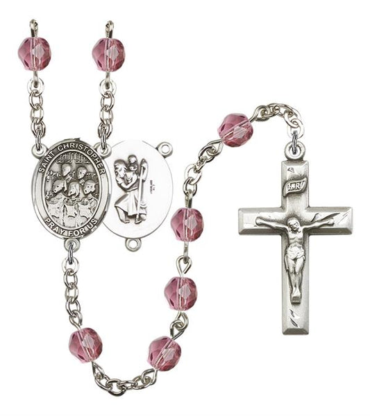 St. Christopher / Choir Rosary, 6mm Fire Polished Amethyst Beads, Silver Plate, # 15604