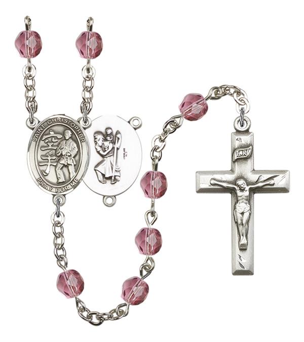 St. Christopher / Karate Rosary, 6mm Fire Polished Amethyst Beads, Silver Plate, # 15605