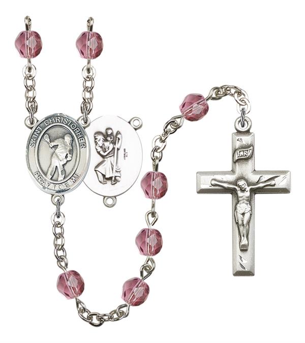 St. Christopher / Lacrosse Rosary, 6mm Fire Polished Amethyst Beads, Silver Plate, # 15606