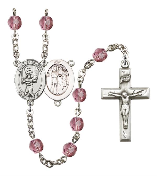 St. Sebastian / Baseball Rosary, 6mm Fire Polished Amethyst Beads, Silver Plate, # 15607