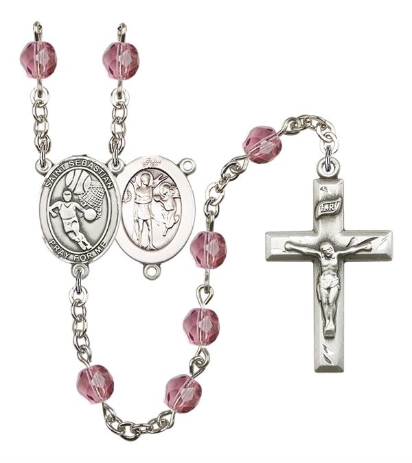 St. Sebastian / Basketball Rosary, 6mm Fire Polished Amethyst Beads, Silver Plate, # 15609