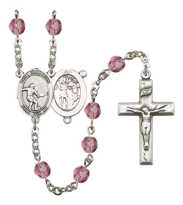 St. Sebastian / Soccer Rosary, 6mm Fire Polished Amethyst Beads, Silver Plate, # 15610