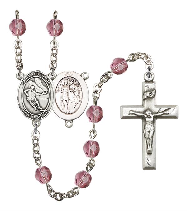 St. Sebastian / Hockey Rosary, 6mm Fire Polished Amethyst Beads, Silver Plate, # 15611