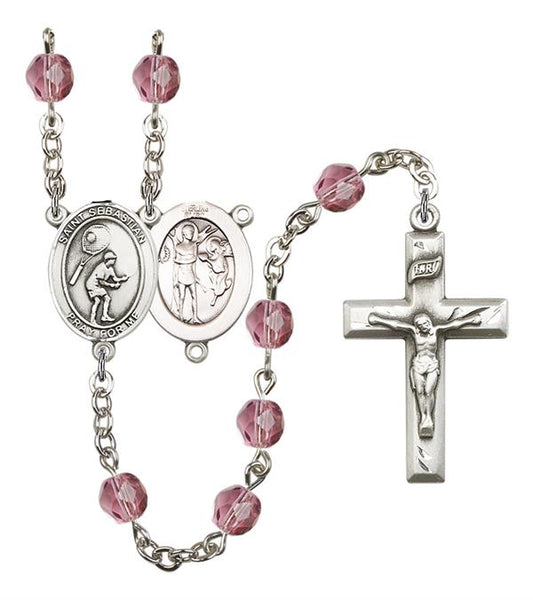 St. Sebastian / Tennis Rosary, 6mm Fire Polished Amethyst Beads, Silver Plate, # 15612