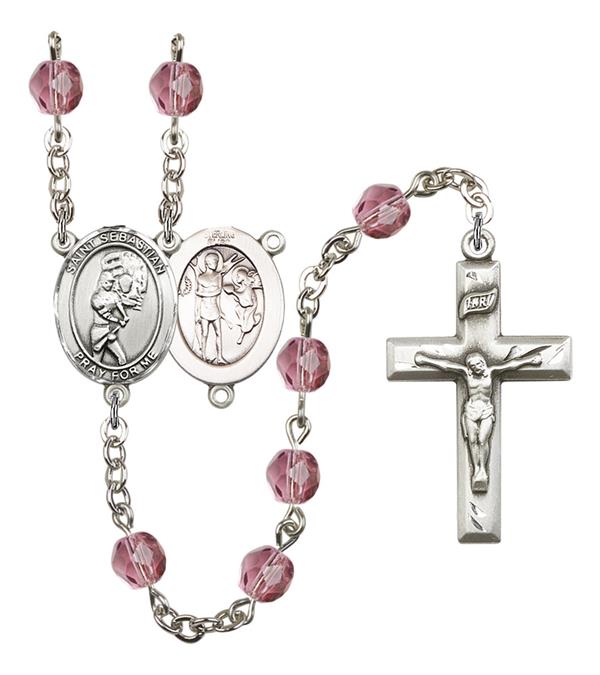 St. Sebastian / Softball Rosary, 6mm Fire Polished Amethyst Beads, Silver Plate, # 15614