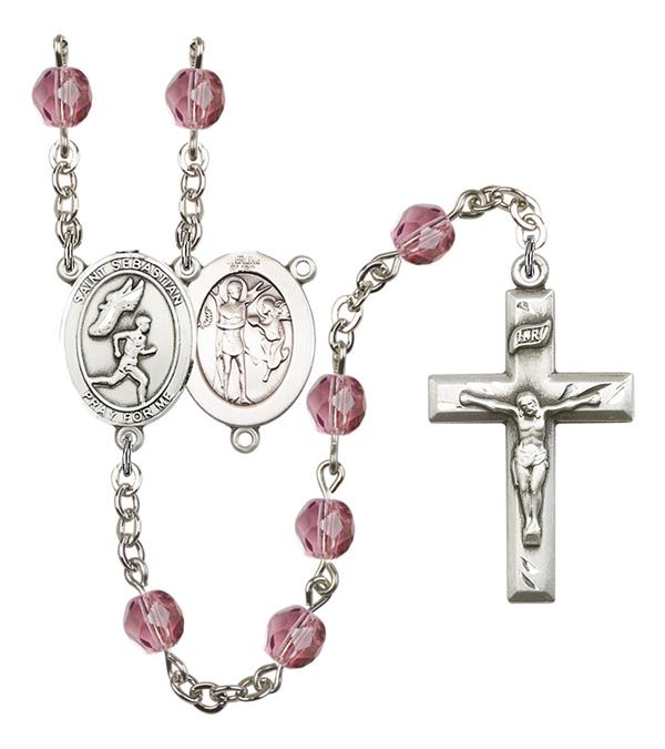 St. Sebastian / Men's Track & Field Rosary, 6mm Fire Polished Amethyst Beads, Silver Plate, # 15616