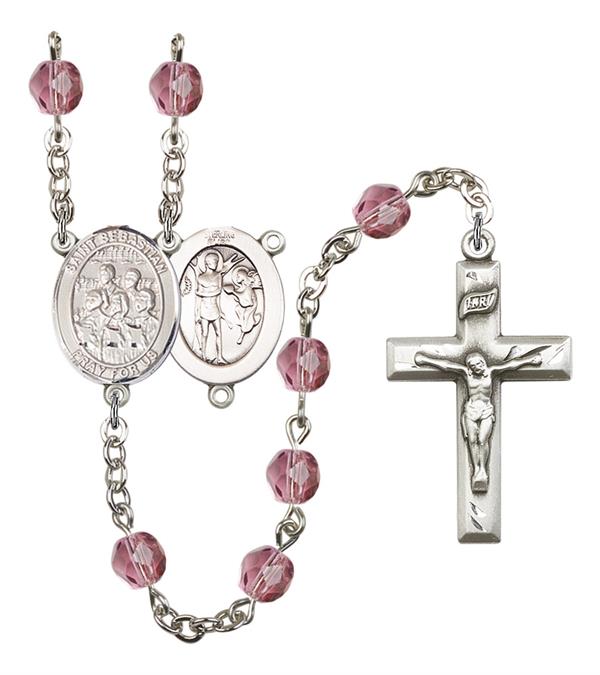 St. Sebastian / Choir Rosary, 6mm Fire Polished Amethyst Beads, Silver Plate, # 15621