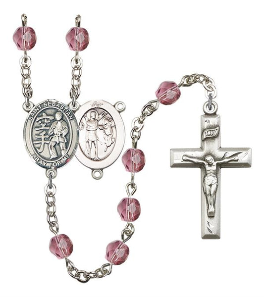 St. Sebastian / Karate Rosary, 6mm Fire Polished Amethyst Beads, Silver Plate, # 15622