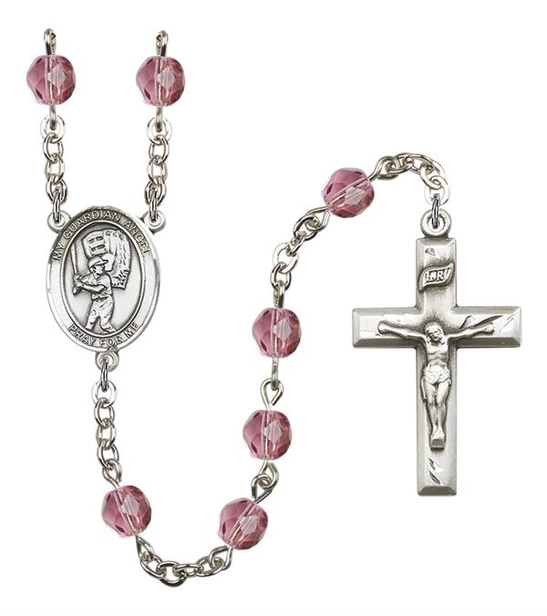 Guardian Angel / Baseball Rosary, 6mm Fire Polished Amethyst Beads, Silver Plate, # 15625