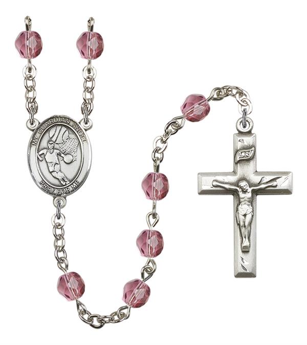 Guardian Angel / Basketball Rosary, 6mm Fire Polished Amethyst Beads, Silver Plate, # 15627