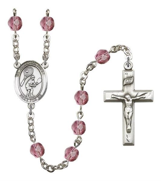 Guardian Angel / Tennis Rosary, 6mm Fire Polished Amethyst Beads, Silver Plate, # 15630