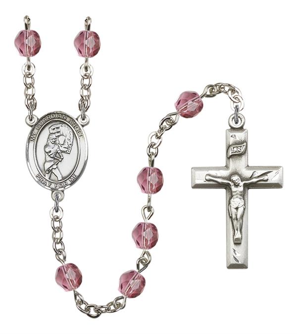 Guardian Angel / Softball Rosary, 6mm Fire Polished Amethyst Beads, Silver Plate, # 15632