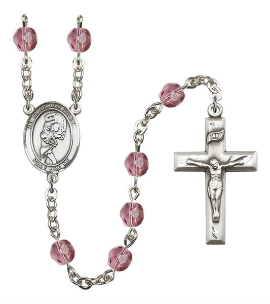 Guardian Angel / Softball Rosary, 6mm Fire Polished Amethyst Beads, Silver Plate, # 15632