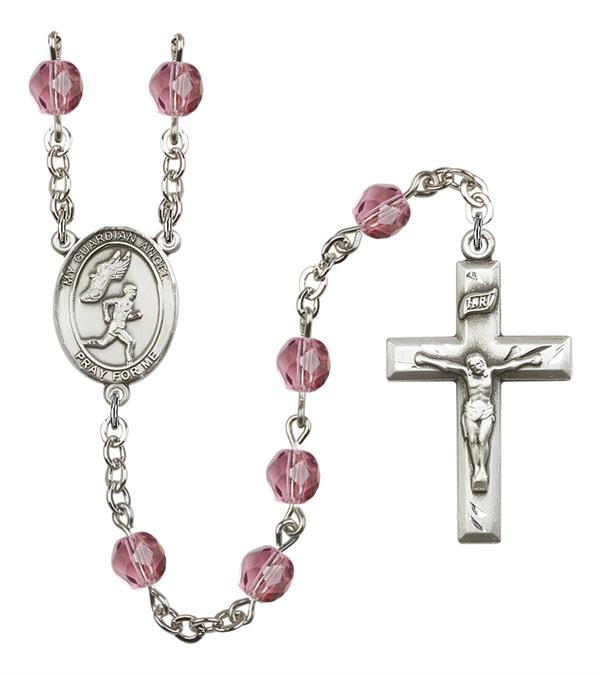 Guardian Angel / Men's Track & Field Rosary, 6mm Fire Polished Amethyst Beads, Silver Plate, # 15634