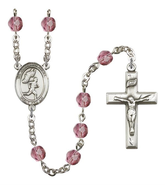 Guardian Angel / Men's Track & Field Rosary, 6mm Fire Polished Amethyst Beads, Silver Plate, # 15634