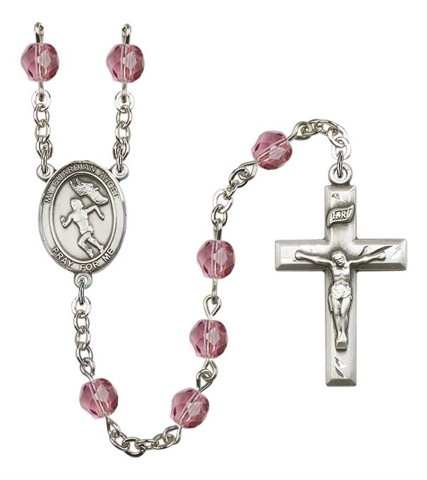 Guardian Angel / Women's Track & Field Rosary, 6mm Fire Polished Amethyst Beads, Silver Plate, # 15635