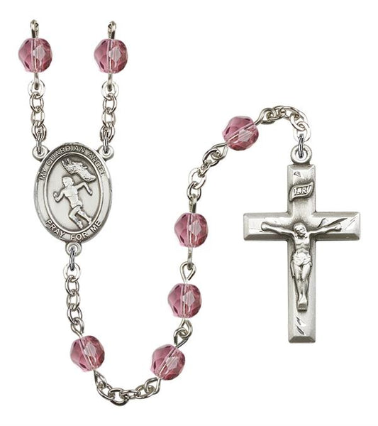 Guardian Angel / Women's Track & Field Rosary, 6mm Fire Polished Amethyst Beads, Silver Plate, # 15635