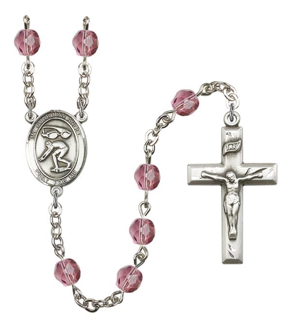 Guardian Angel / Swimming Rosary, 6mm Fire Polished Amethyst Beads, Silver Plate, # 15636