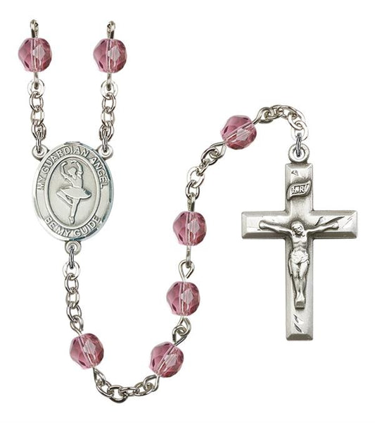 Guardian Angel / Dance Rosary, 6mm Fire Polished Amethyst Beads, Silver Plate, # 15637