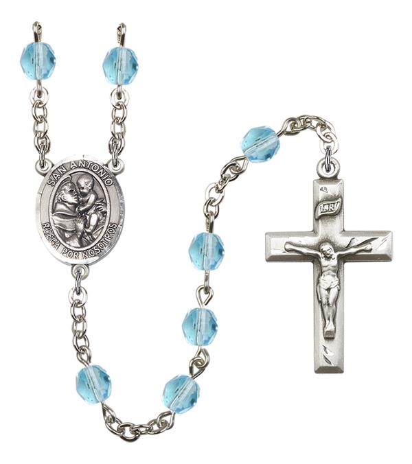 San Antonio Spanish Rosary, 6mm Fire Polished Aqua Beads, Silver Plate, # 15643
