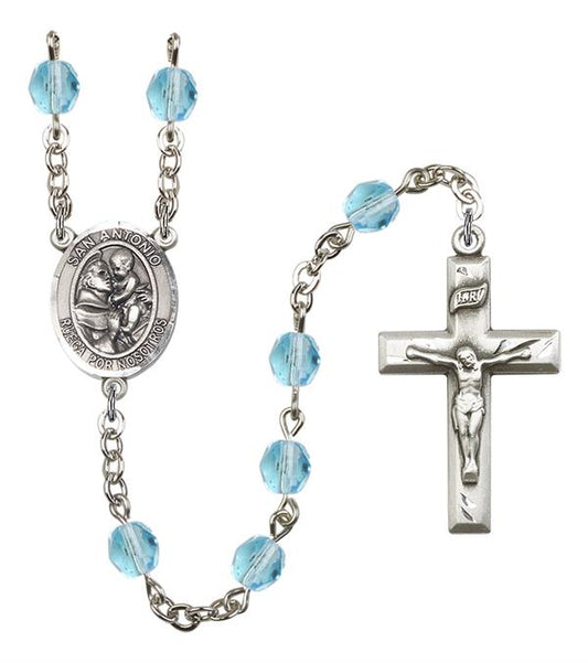 San Antonio Spanish Rosary, 6mm Fire Polished Aqua Beads, Silver Plate, # 15643
