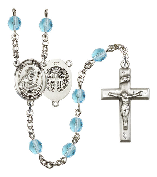 St. Benedict Rosary, 6mm Fire Polished Aqua Beads, Silver Plate, # 15648