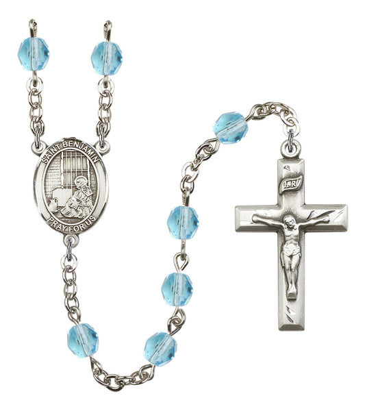 St. Benjamin Rosary, 6mm Fire Polished Aqua Beads, Silver Plate, # 15653
