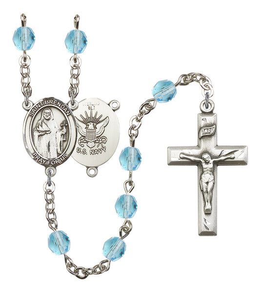 St. Brendan U.S. Navy Rosary, 6mm Fire Polished Aqua Beads, Silver Plate, # 15659