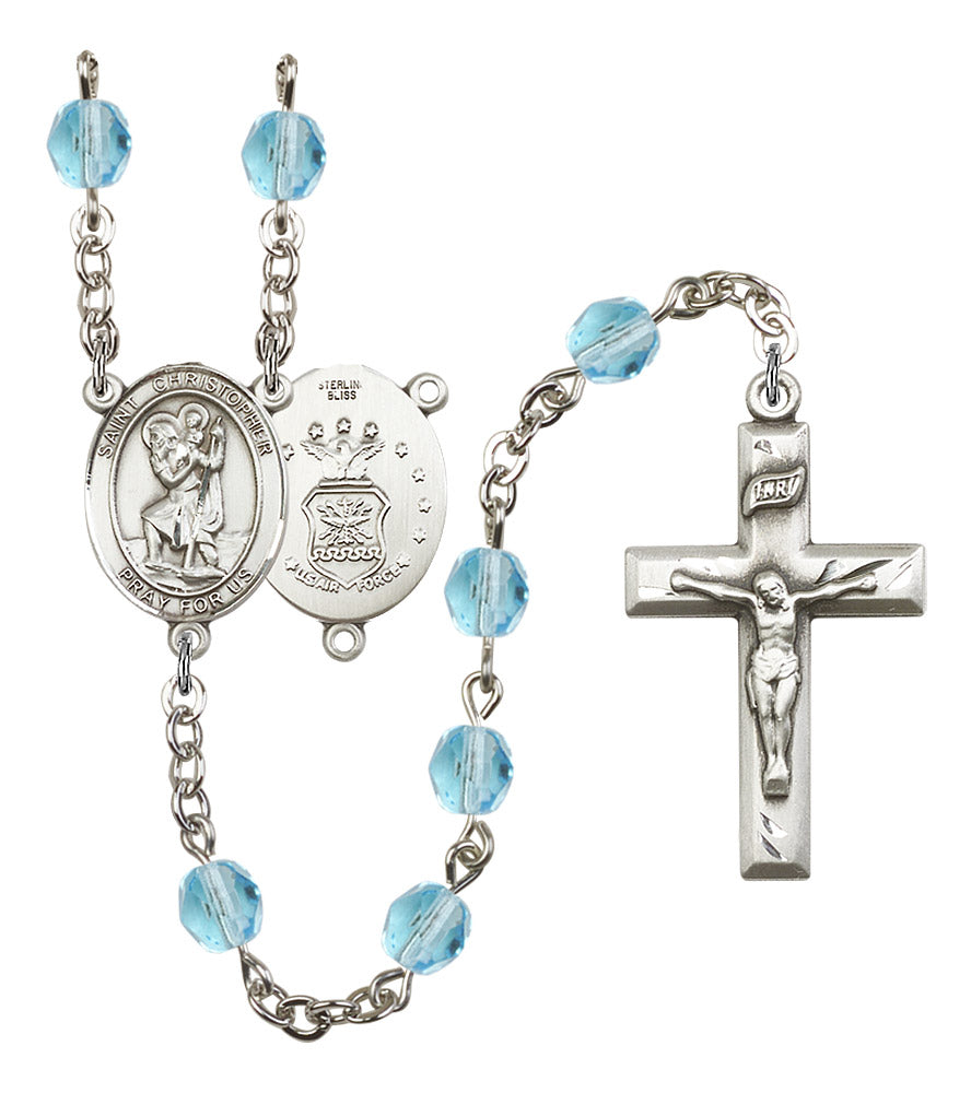 St. Christopher U.S. Air Force Rosary, 6mm Fire Polished Aqua Beads, Silver Plate, # 15666