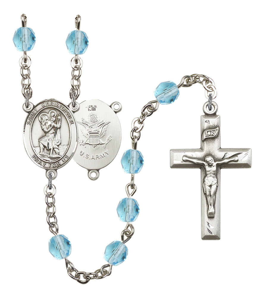 St. Christopher U.S. Army Rosary, 6mm Fire Polished Aqua Beads, Silver Plate, # 15668