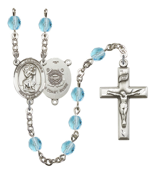 St. Christopher U.S. Coast Guard Rosary, 6mm Fire Polished Aqua Beads, Silver Plate, # 15669