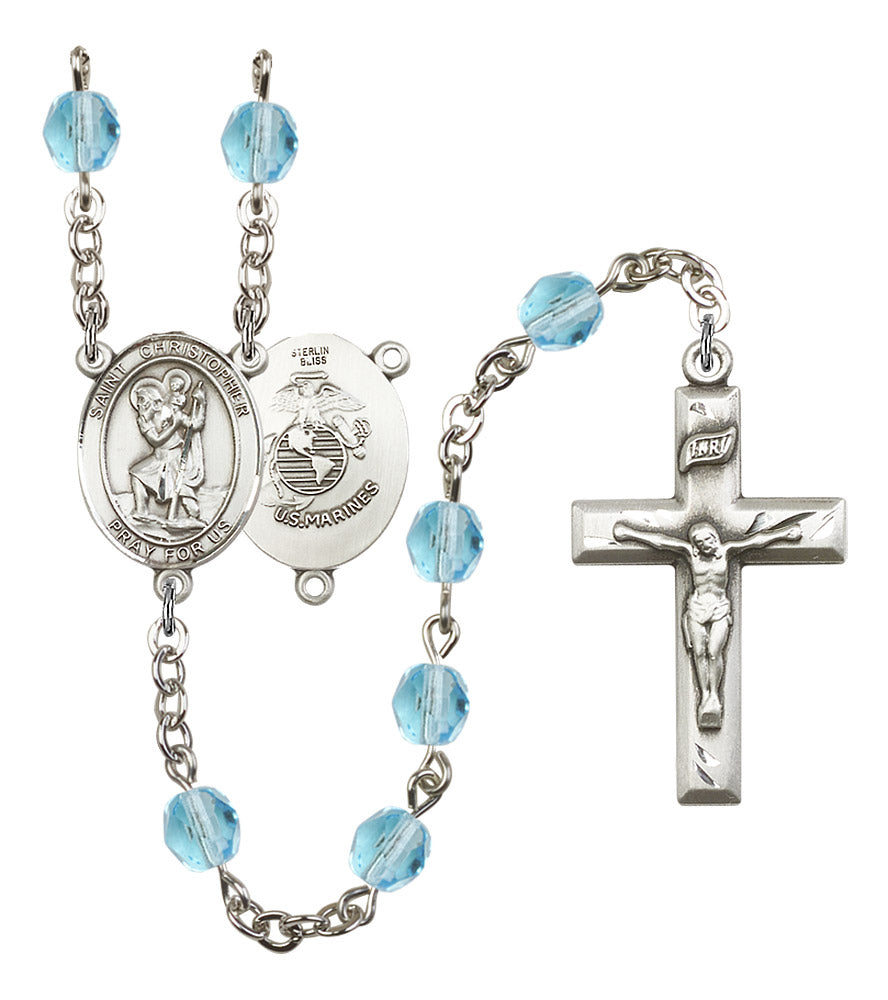 St. Christopher U.S. Marines Rosary, 6mm Fire Polished Aqua Beads, Silver Plate, # 15670