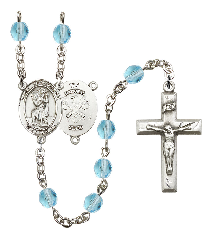 St. Christopher National Guard Rosary, 6mm Fire Polished Aqua Beads, Silver Plate, # 15671