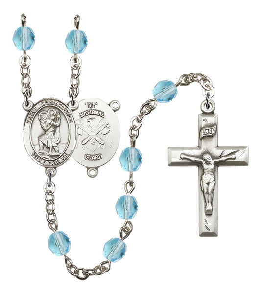 St. Christopher National Guard Rosary, 6mm Fire Polished Aqua Beads, Silver Plate, # 15671