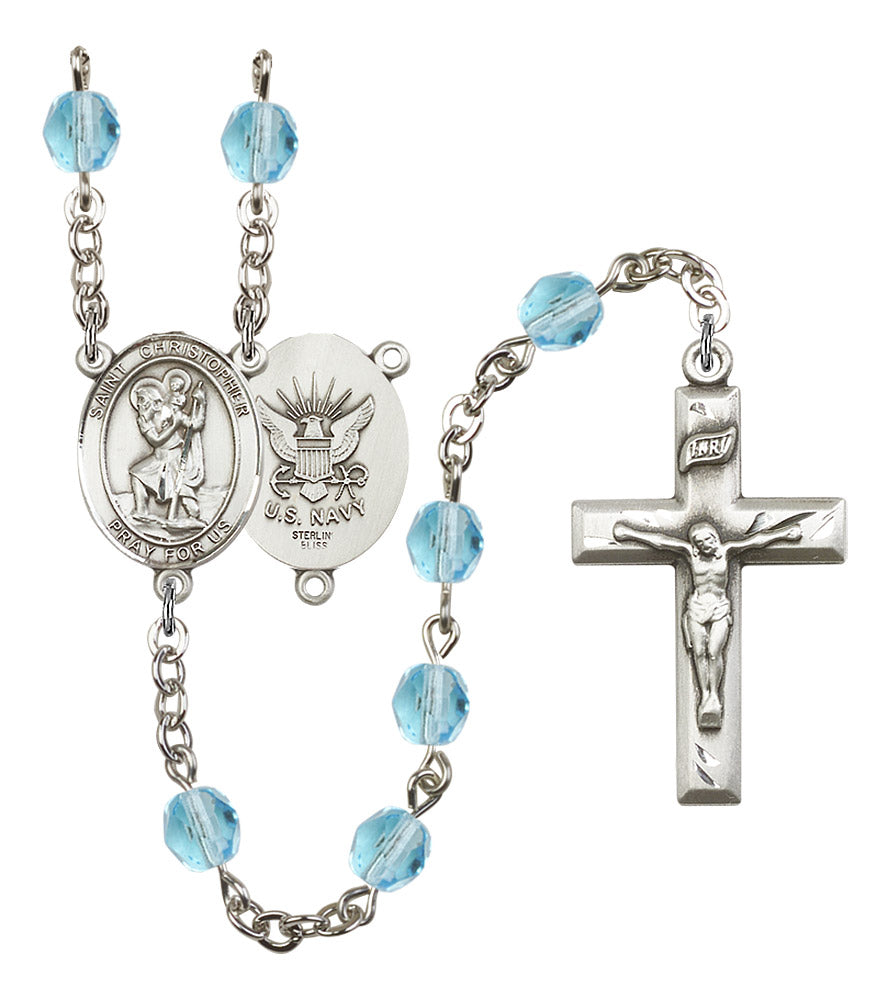 St. Christopher U.S. Navy Rosary, 6mm Fire Polished Aqua Beads, Silver Plate, # 15672