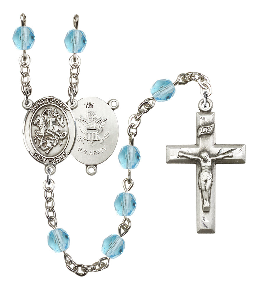 St. George U.S. Army Rosary, 6mm Fire Polished Aqua Beads, Silver Plate, # 15696