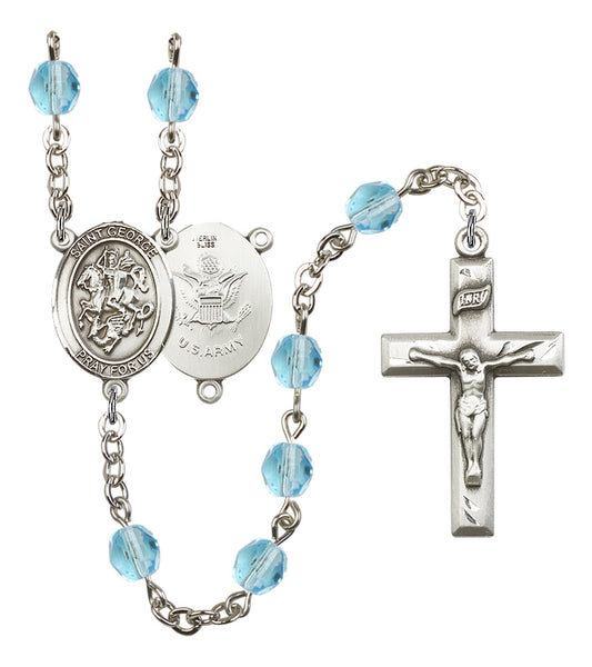 St. George U.S. Army Rosary, 6mm Fire Polished Aqua Beads, Silver Plate, # 15696