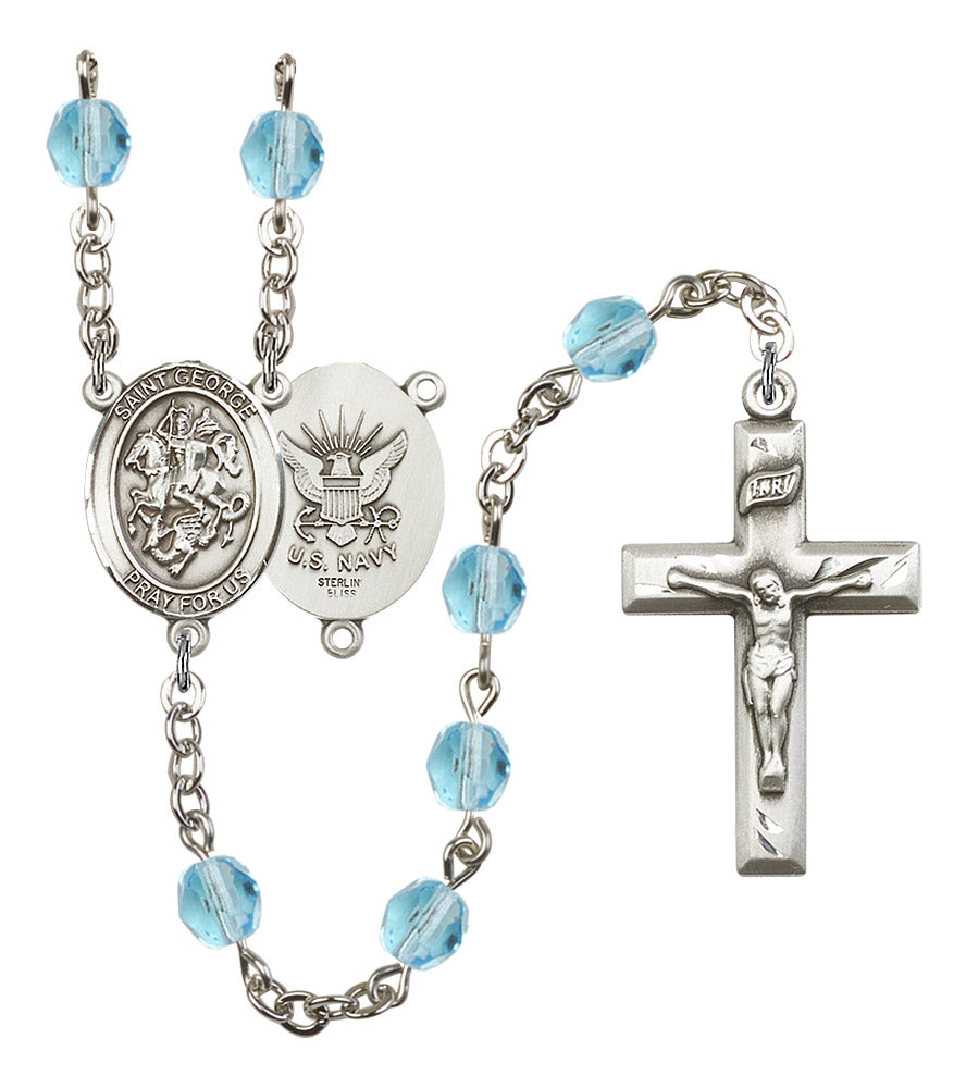 St. George U.S. Navy Rosary, 6mm Fire Polished Aqua Beads, Silver Plate, # 15701