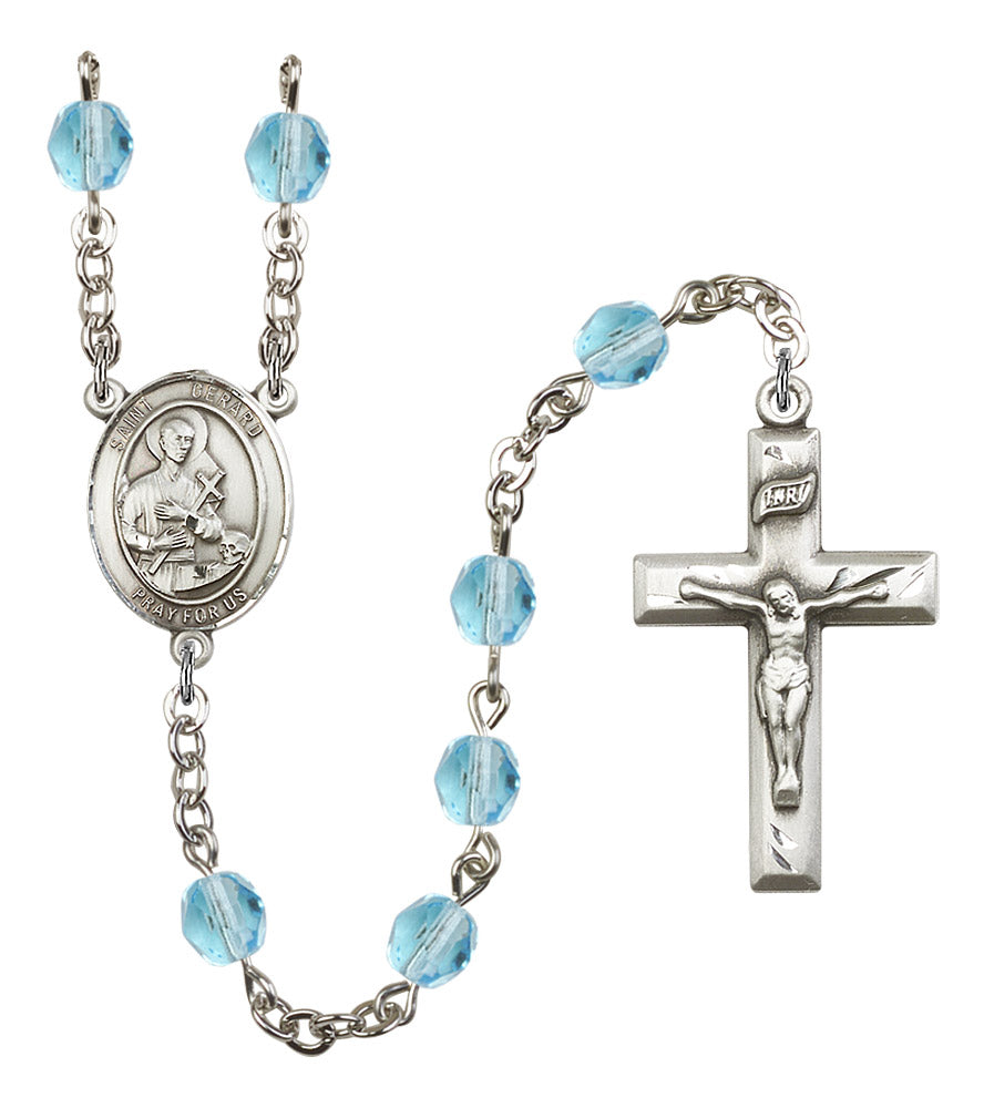 St. Gerard Rosary, 6mm Fire Polished Aqua Beads, Silver Plate, # 15704