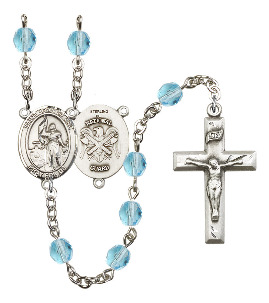 St. Joan of Arc National Guard Rosary, 6mm Fire Polished Aqua Beads, Silver Plate, # 15716