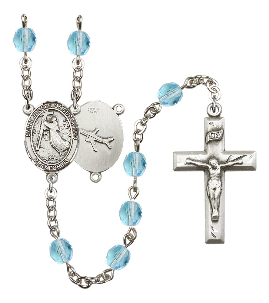 St. Joseph of Cupertino Pilot's Rosary, 6mm Fire Polished Aqua Beads, Silver Plate, # 15720