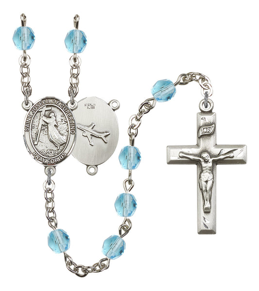 St. Joseph of Cupertino Pilot's Rosary, 6mm Fire Polished Aqua Beads, Silver Plate, # 15720