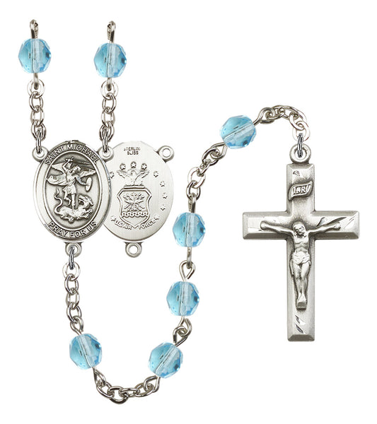 St. Michael U.S. Air Force Rosary, 6mm Fire Polished Aqua Beads, Silver Plate, # 15744